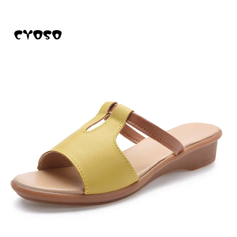 

CYOSO 2018 Summer Women Slippers Genuine Leather Open Toe High Heels Flip Flops Women White Slides Shoes