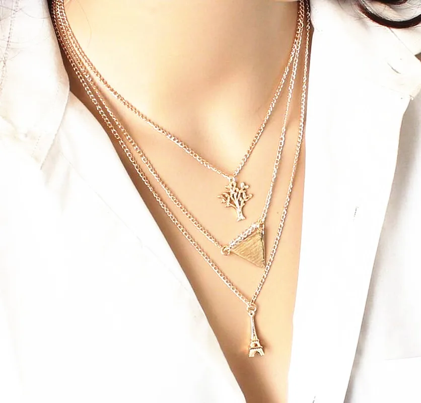 

New retro tower small tree necklace simple multi - layer metal accessories sweater clavicle chain 4ND65