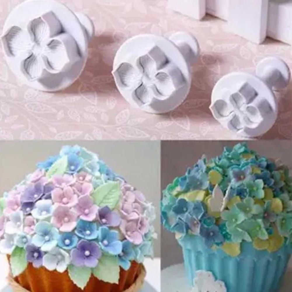 

3Pcs/Set Silicone Hydrangea Fondant Cake Decorating SugarCraft Plunger Cutter Flower Blossom Mold Home Kitchen Bake Tool