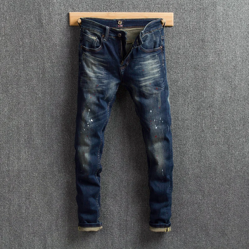 Модные уличные мужские джинсы Винтаж Ретро Wash Blue печатная версия джинсы мужские краски дизайнерские Джинсовые брюки эластичные хип-хоп