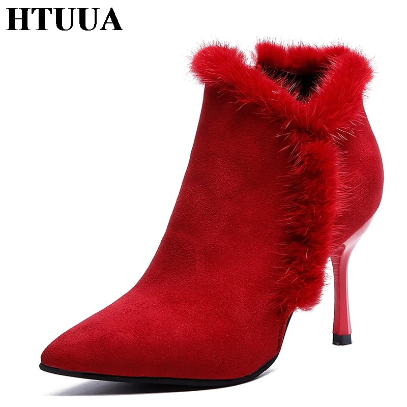 

HTUUA New Winter Fluffy Fur Short Ankle Boots Women Pumps Pointed Toe Sexy High Heels Plush Warm Thin Heel Ladies Shoes SX2091