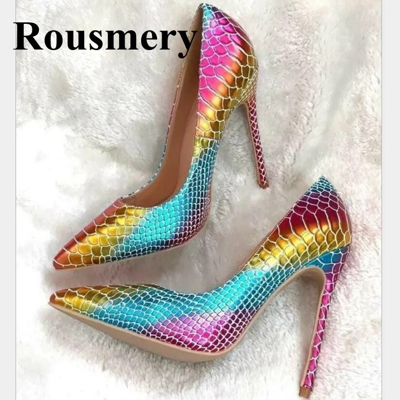 

Hottest INS Rainbow Shoes Sexy Pointed Toe And Thin High Heel Fashion Snakeskin Pattern 12 CM Heel Spring And Autumn Women Pumps