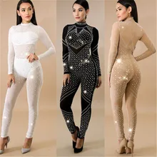 

High-end Custom Sequin Jumpsuit Fashion Diamonds Perspective Mesh Jumpsuits Women Long Sleeve Party Club Slim Bodycon Overalls