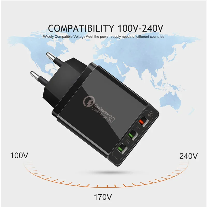 Быстрое зарядное устройство QC 3,0 USB зарядное устройство EU/US Быстрая зарядка мульти разъем 3 порта 3A смарт-зарядное устройство для мобильного телефона для samsung S10 Xiaomi Mi9