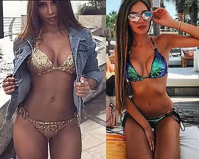 

Sexy Women's solid halter Bandage Sequins Triangle Bikini Set Push up Padded Brazilian Swimsuit Swimwear Bathing Suit Beachwear