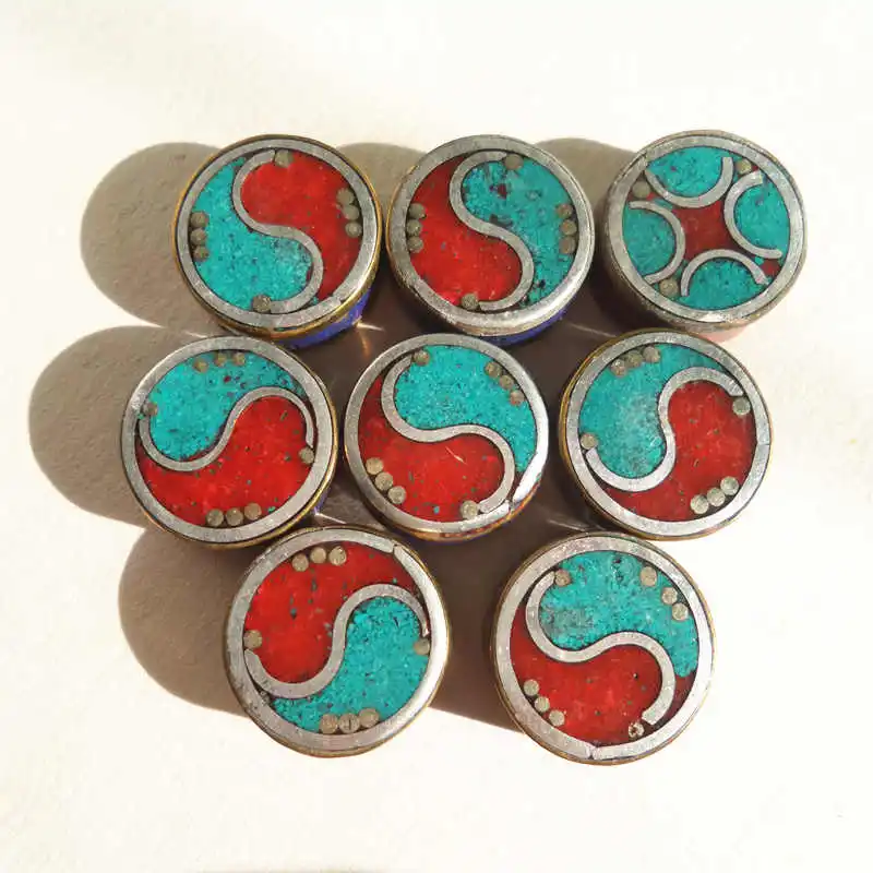 

NBB128 Nepal brass Handmade Colorful Stone Oblate Round Pebbles loose beads 8beads