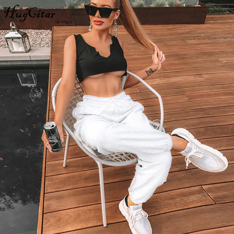 Billige Hugcitar baumwolle hohe taille losse baggy cargo hosen 2019 herbst winter fitness hose streetwear outfits