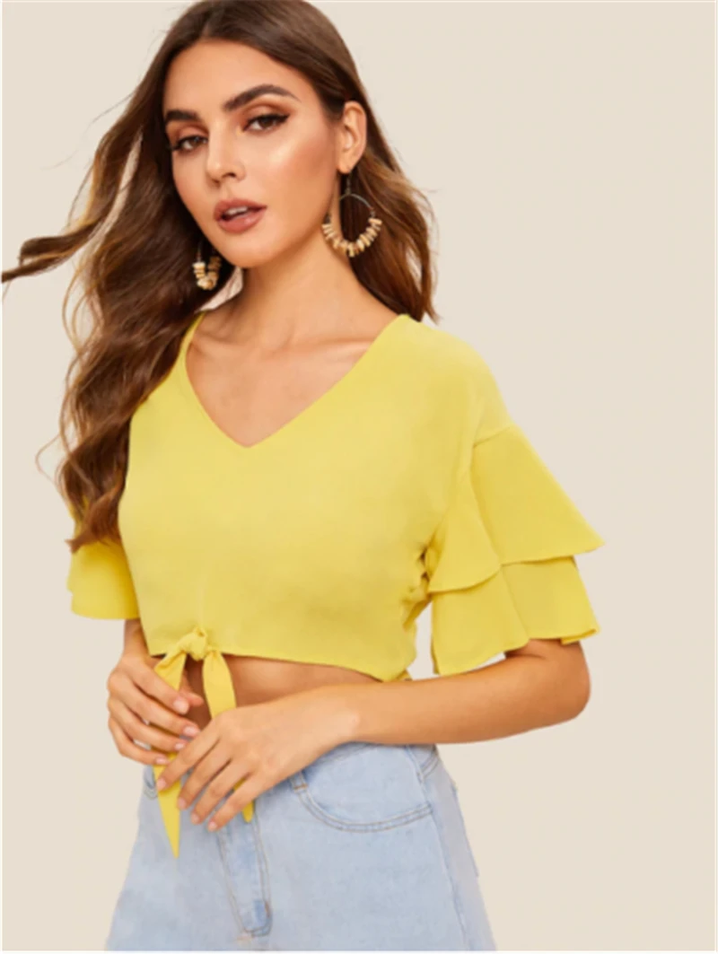 New Fashion Women Casual Loose Summer Short Sleeve T-shirt Tops Sexy Chiffon Crop Tops Ladies V Neck Sunsuit New Fashion Women Casual Loose Summer Short Sleeve T-shirt Tops Sexy Chiffon Crop Tops Ladies V Neck Sunsuit