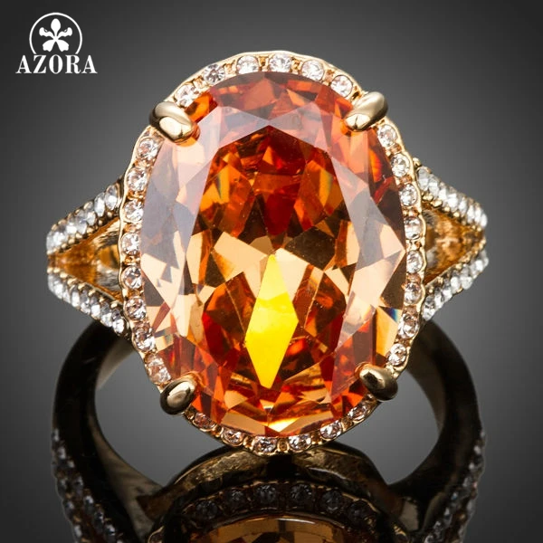 AZORA Gold Plated Big Egg Shaped Cubic Zirconia Around With Crystal Adjustable Size Ring TR0138