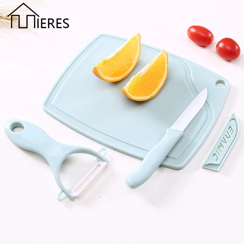 

Mieres Kitchen Three-Piece Ceramic Fruit Knife Set Mini Plastic Cutting Board Peeling Knife Household Small Knife