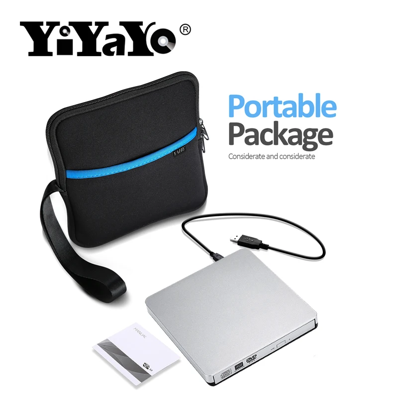 

YiYaYo External USB 2.0 DVD-RW Burner CD/DVD Player Optical Drive Reader Recorder Slim Portable for Laptop + drive bag