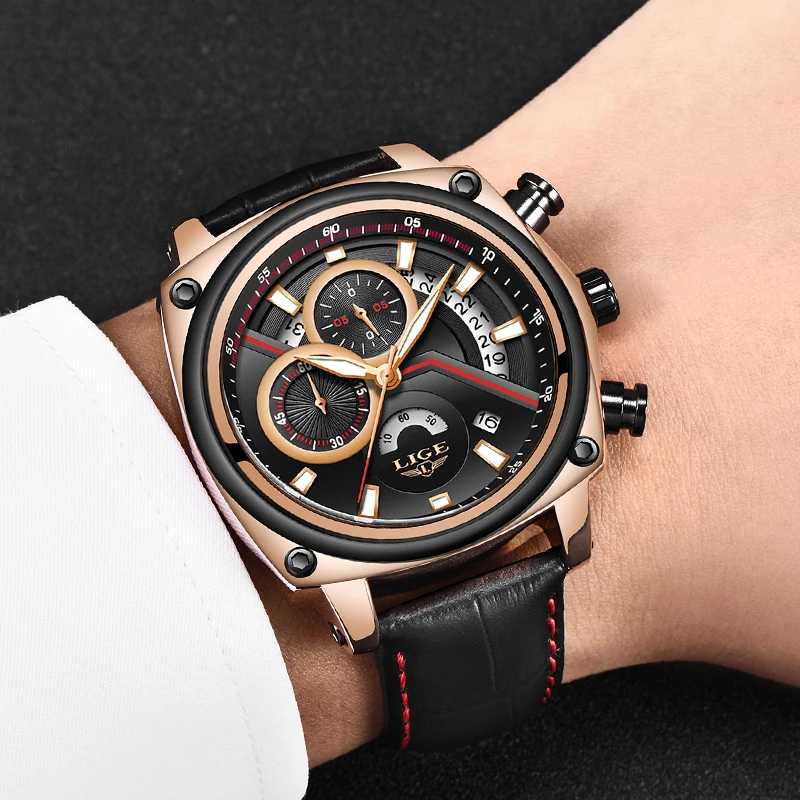LIGE Mens Watches Top Brand Luxury Mens Fashion Business Watch Men Black Leather Waterproof Quartz Wristwatch Relogio Masculino
