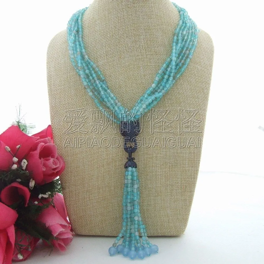 

N071408 18" 7 Strands 4mm Faceted Necklace Blue Dragon CZ Pave Pendant