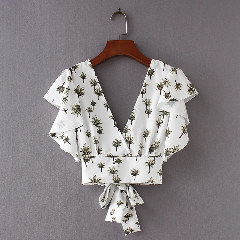 Женская винтажная блузка с рукавом-бабочкой и оборками, милая эластичная рубашка с v-образным вырезом на спине и бантом, шикарные женские блузки, топы LS2403