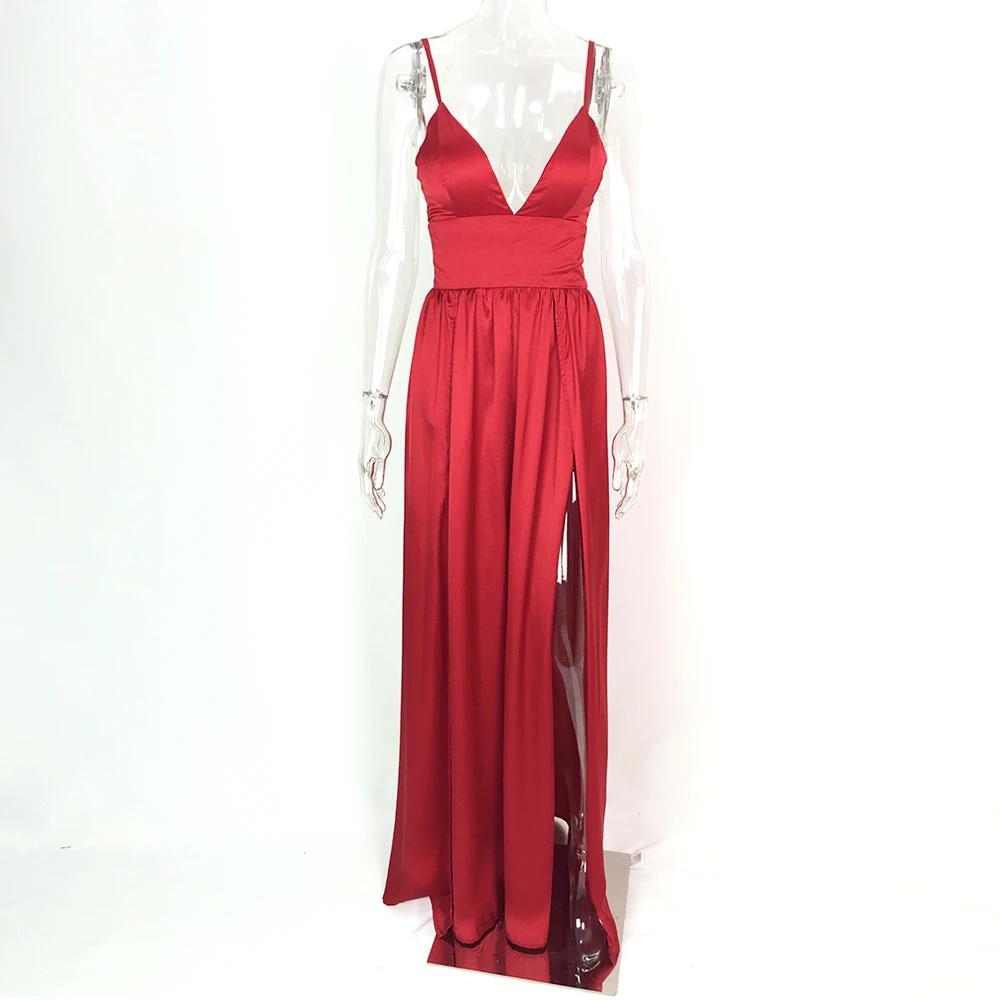 Сексуальные красные Сатиновые платья макси с v-образным вырезом и мягкими лямками, с двумя высокими разрезами, с открытой спиной, с высокой посадкой, длина до пола, вечерние платья темно-синего цвета