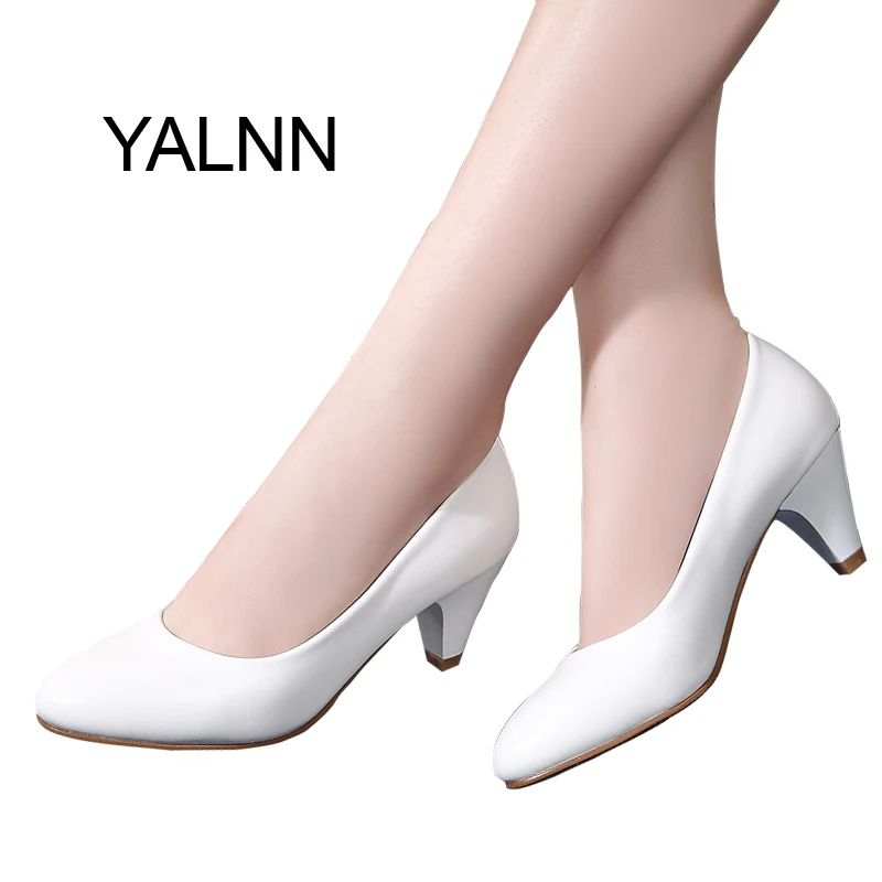 YALNN Women Leather Med Heels Pumps Shoes Classic New High Quality Shoes Black Pumps Shoes for Office Ladies