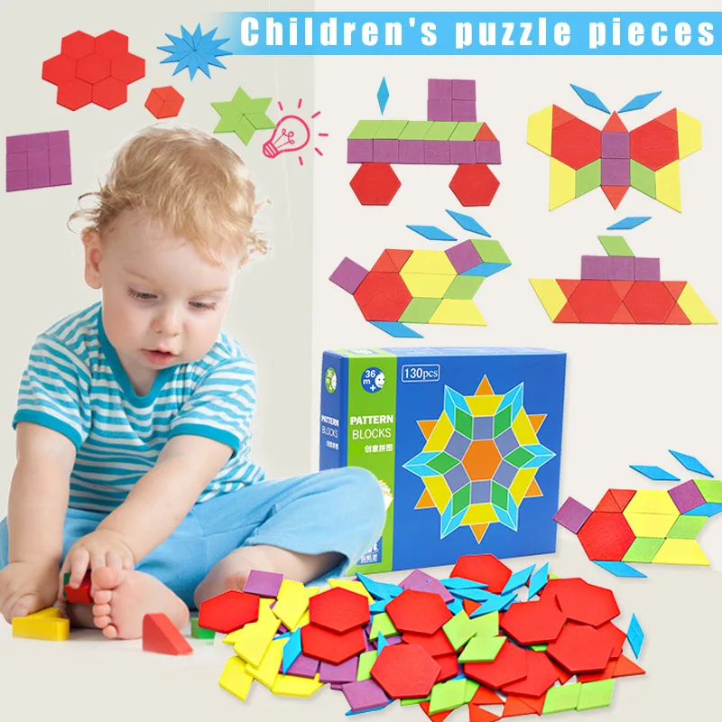 

2019 New Wooden Pattern Blocks Montessori Kids Toys Jigsaw Shapes Dissection 130 Blocks 24 Designs