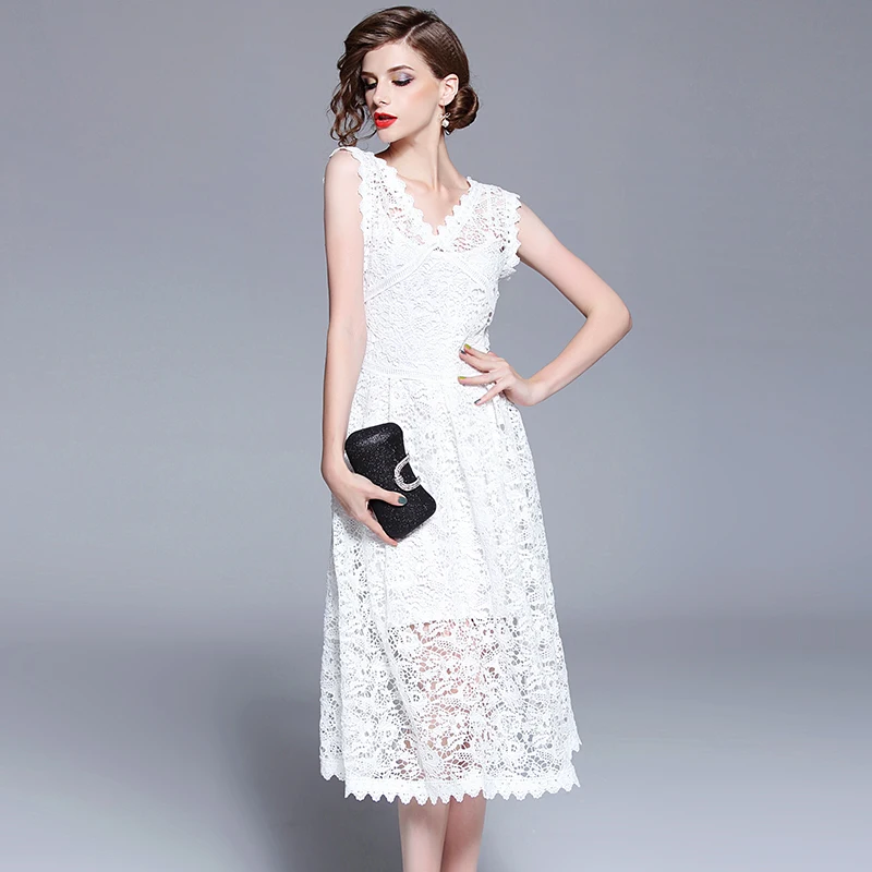 

Fashion White Lace Summer Dress 2018 Women Hollow Out Ladies V Neck Party Dress