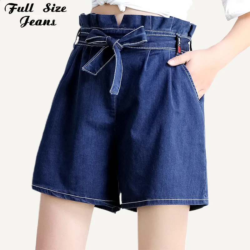 

Women Plus Size High Waist Bow Tie Sash Short Jeans 4Xl 5Xl 7Xl Korea Summer Lady Loose Wide Leg Vintage Denim Shorts Pants Femm