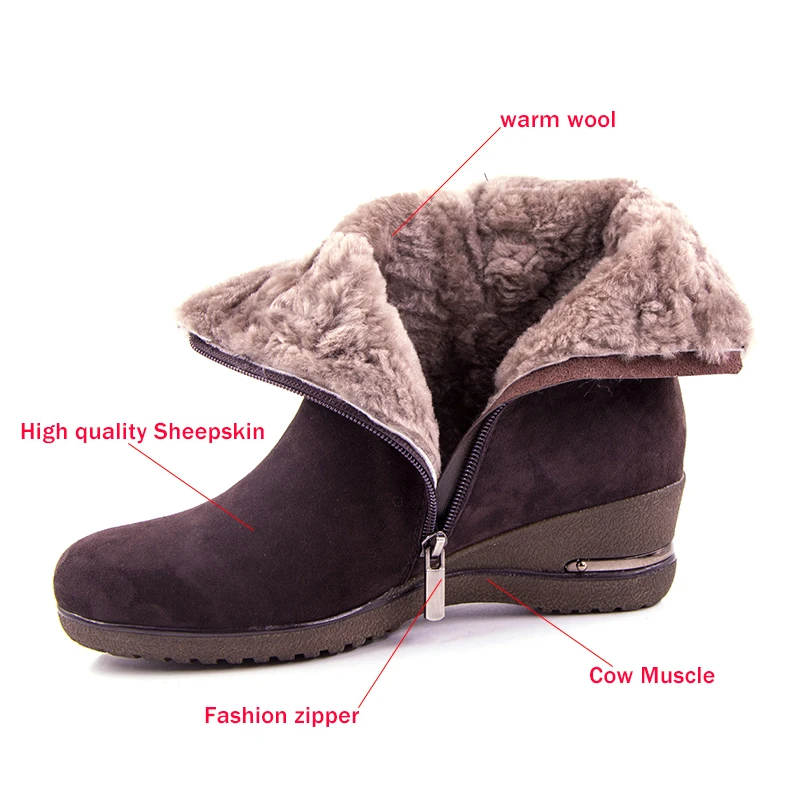 Модная теплая зимняя обувь; женская обувь из натуральной кожи и шерсти; теплые зимние ботильоны на меху; женская обувь на танкетке с перекрестными ремешками