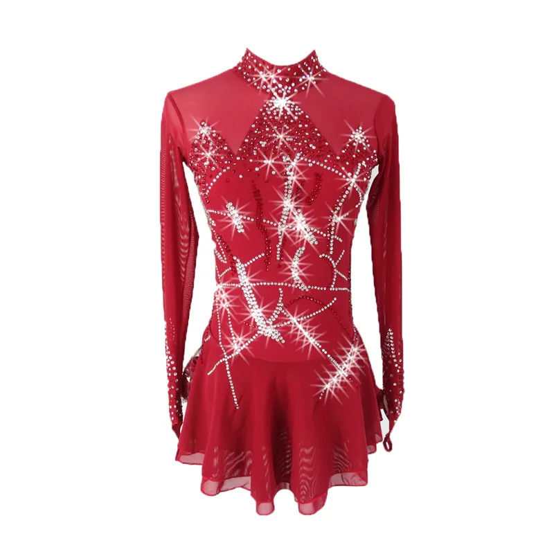 Figure Skating Dress Women's Girls' Ice Skating Dress Pure black long sleeved collar Elastic mesh fabric absorbent breathable 