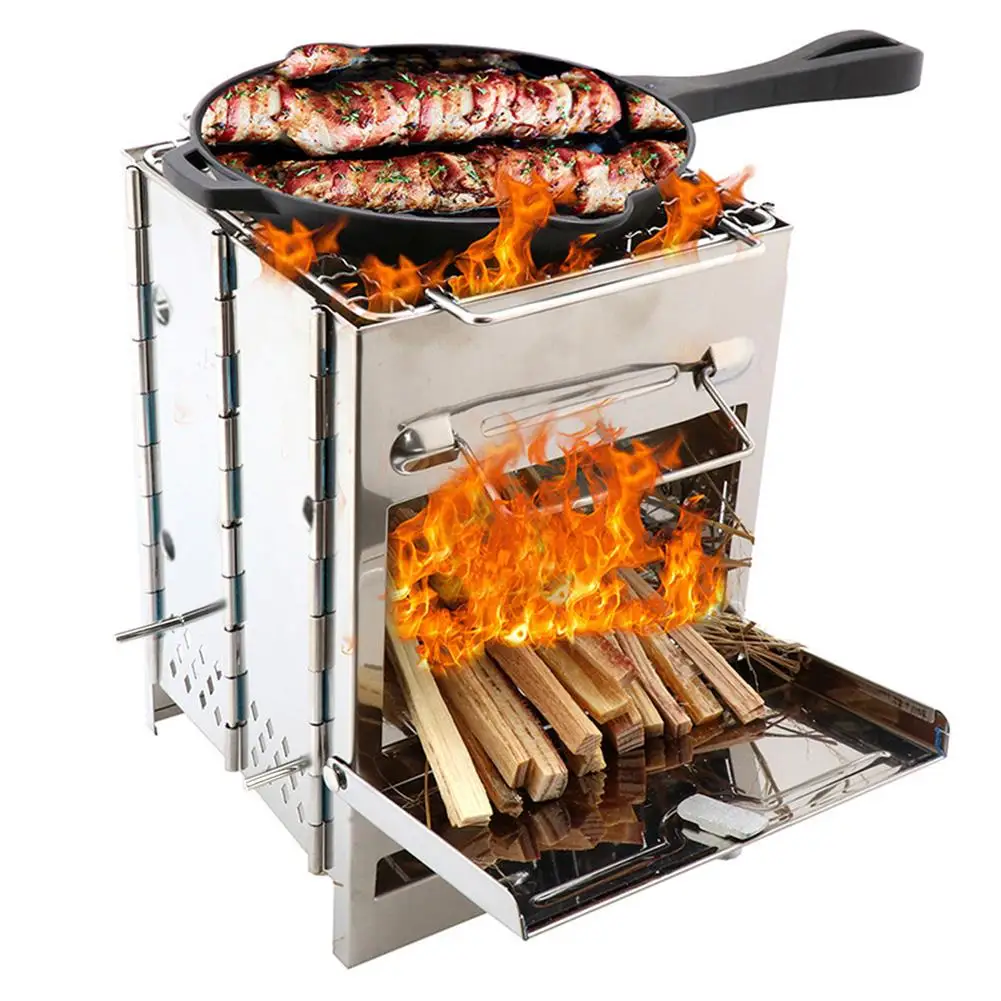 Fogão a Madeira Forno com Bolsa de Transporte Churrasqueira para Acampamento ao ar Inoxidável Quadrado Dobrável Livre Mini Churrasqueira Aço