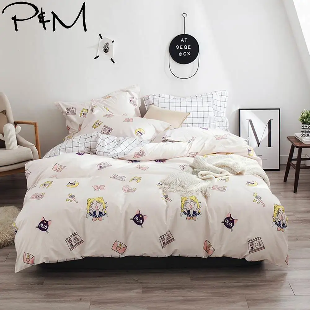 2019 Cartoon Sailor Moon Cat Beige Duvet Cover Set Twin Queen King