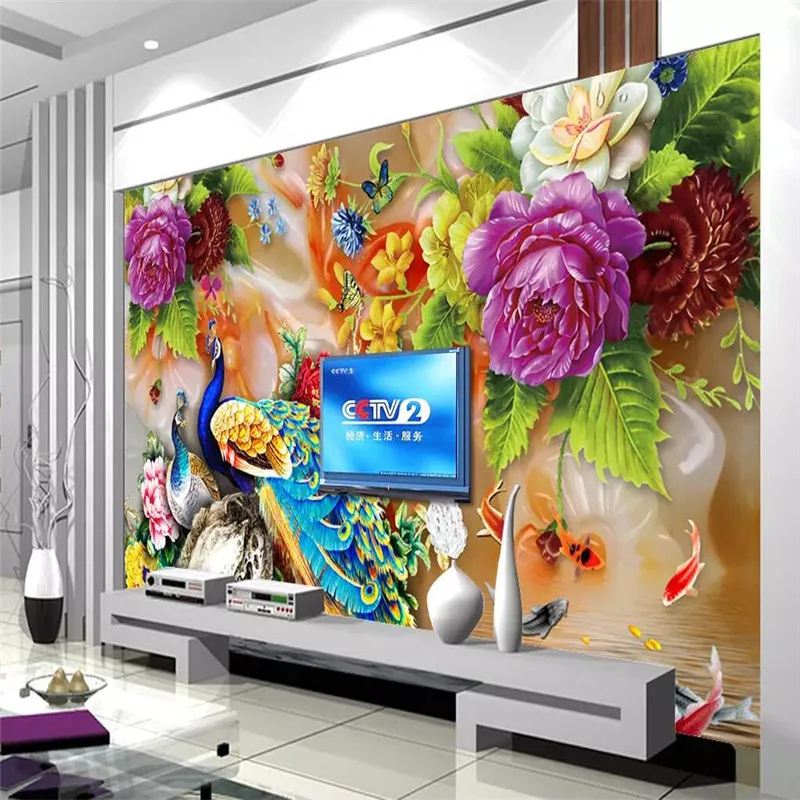 Custom Mural Wallpaper Peacock Flower Luxury Background Wall milofi factory custom wallpaper mural 3d modern blue peacock open screen photography background wall