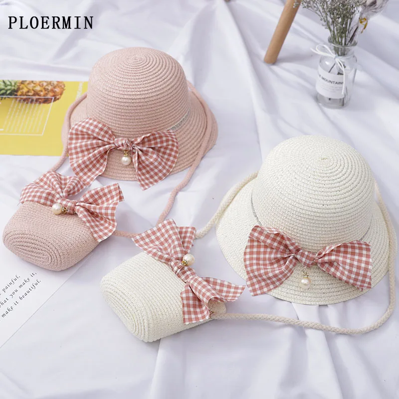 

PLOERMINCute Bow Princess Hat Summer Girls Straw hat Sun Hat +Handbag 2pcs Sets For Tour Kids Child Beach Hats UV Protection Cap