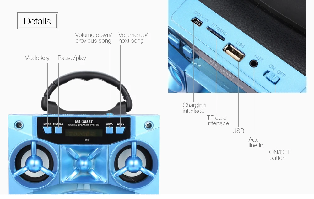 MS-188BT портативный Bluetooth динамик стерео звук 6,5 дюймов светодиодный светильник Поддержка USB TF карта HiFi громкий динамик с ручкой