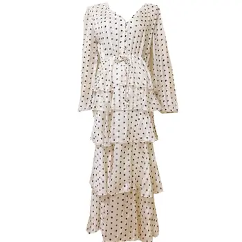 

2019 spring women vintage polka dot cake-style ruffled V-neck dress high waist long beach dress