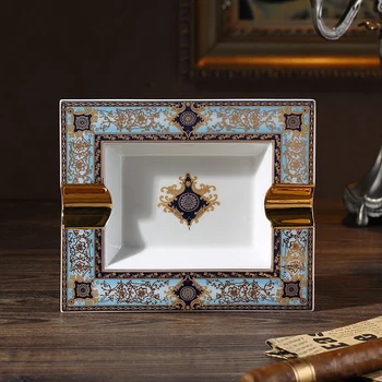 

High-end Bohemian blue Gadgets European Pattern Two Holder Ceramic Cigar Ashtray W/ Original Gift Box