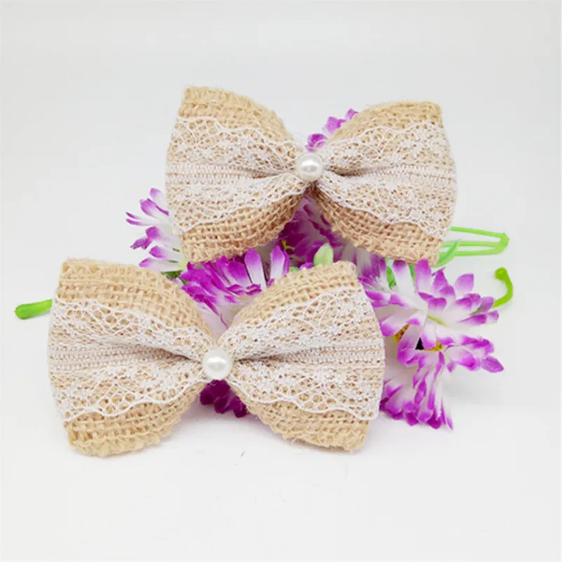 

10pcs Jute Burlap Hessian Ribbon Bowknot/Vintage Wedding Decoration Scrapbooking lace ribbon Hair jute bows Hat craft #325-2