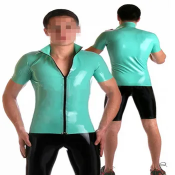 

Latex Men's Uniform Latex Rubber Lake Blue Shirt With Latex Short Tight Pants