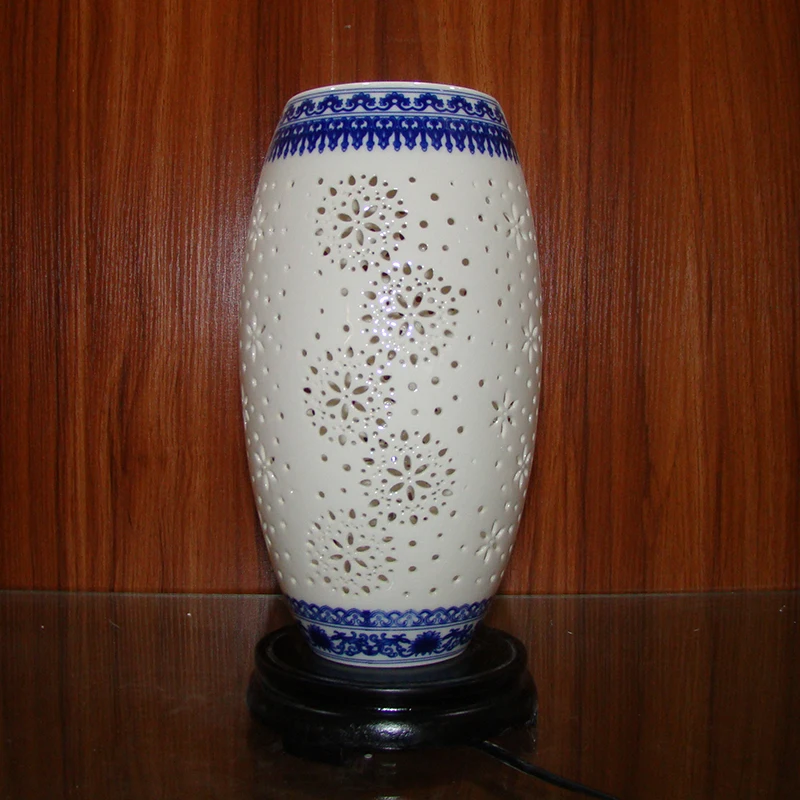 Hollow blue and white Beautiful chinese hand carved flower design celadon porcelain ceramic table lamps for bedroom (1)