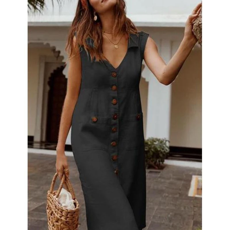 

Adisputent 2019 Summer Button Boho Style Dress V-Neck Waist Plus Size Casual Solid Color Sleeveless V Neck Pockets Midi Dress
