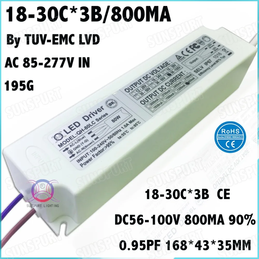 

2 Pcs By TUV-EMC LVD 80W AC85-277V LED Driver 18-30Cx3B 800mA DC56-100V Constant Current LED Power For Panel light Free Shipping