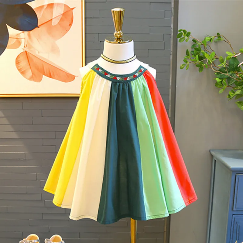 

DFXD Children Summer Dresses 2018 New Fashion Toddler Clothes Cotton Sleeveless O-neck Colorful Rainbow Princess Dress 2-8Years