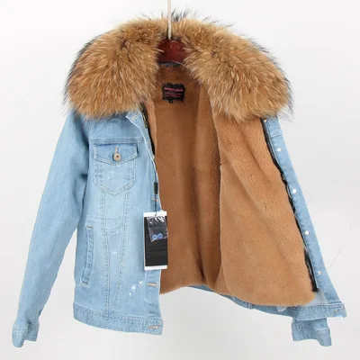 Новая джинсовая куртка для женщин, Воротник из меха енота, Экологически чистая подкладка для зимнего пальто, женские парки, джинсовые куртки, пальто - Цвет: natural