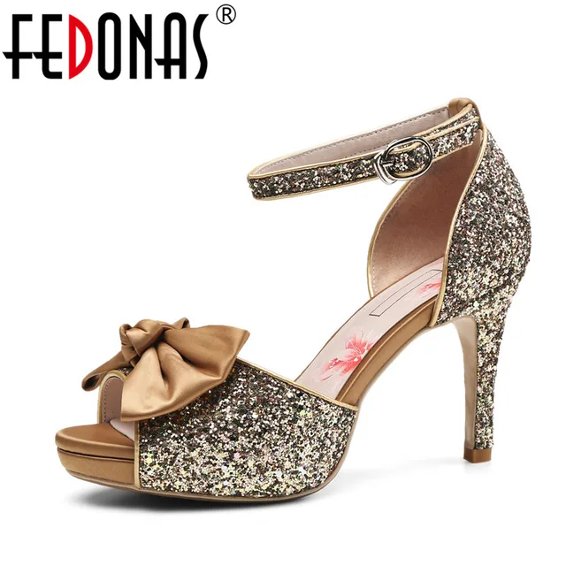 FEDONAS Women Sandals Summer 2018 High Heel Sandals Glitters Bowknot Party Wedding Shoes Woman Platforms Sandals Shoes 