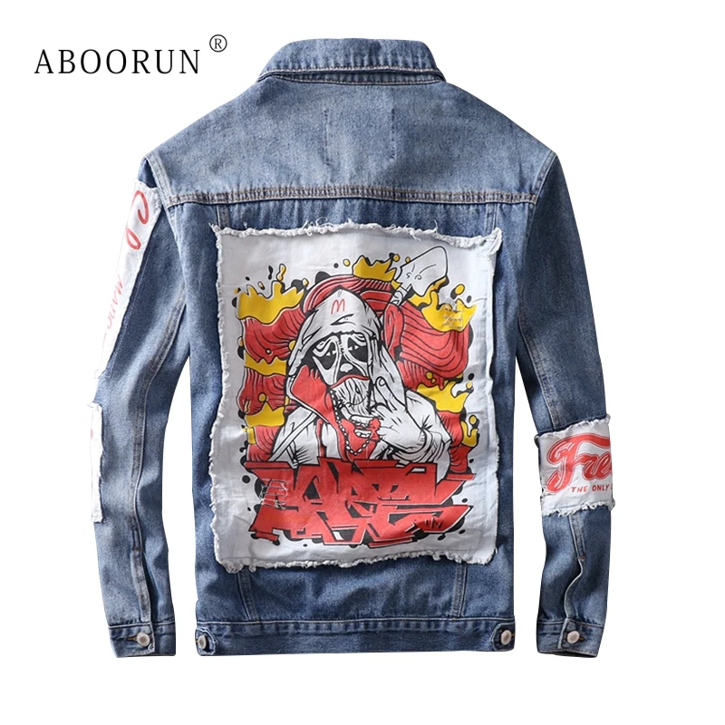 

ABOORUN Men's Fashion Denim Jacket Retro Patches Ripped Jean Jacket Spring Autumn Streetwear Coat for Male x1746