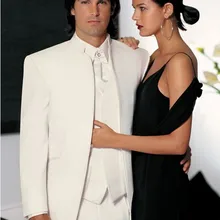 Костюмы смокинги для жениха белые без воротника лучшие мужские для шаферов мужские свадебные костюмы с жилетом цвета слоновой кости Выпускной/официальный/Жених