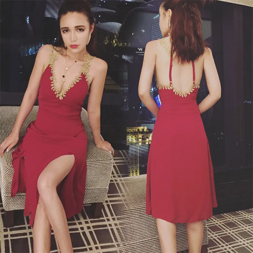 

Women deeply V-neck Sexy red Sleeveless dress Suspenders Long Dresses girls fashion full gown for club party Annual meeting