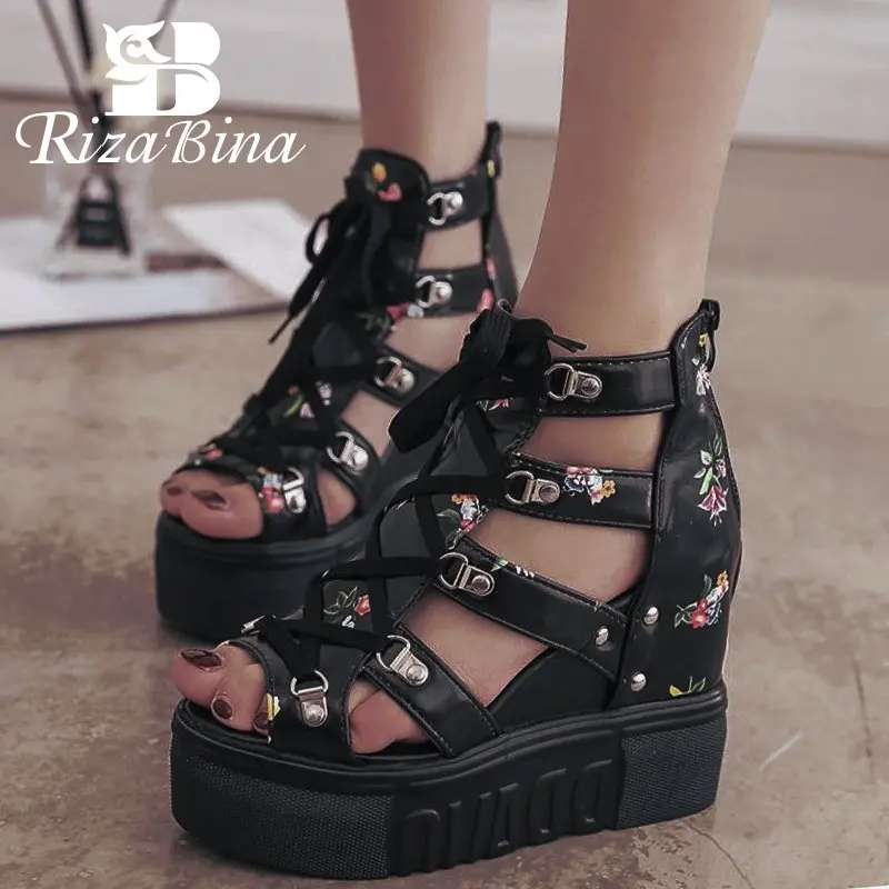 

RIZABINA Ins Hot Wedges Shoes Women 2019 Summer Print Sandals Platform Shoes High Heels Casual Footwear Woman Size 35-39
