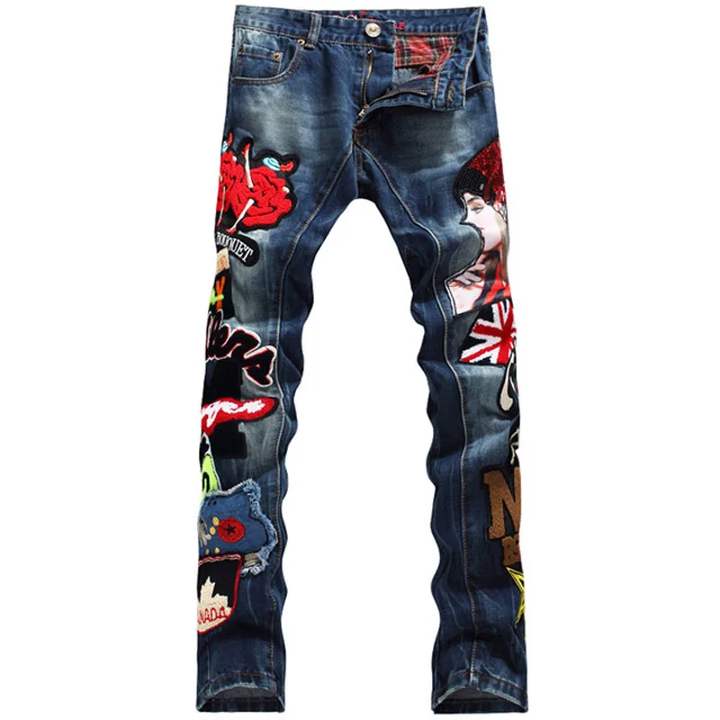 Aliexpress.com : Buy New fashion Men's Lady Printed Jeans Men Slim Straight Blue Long Jeans High 