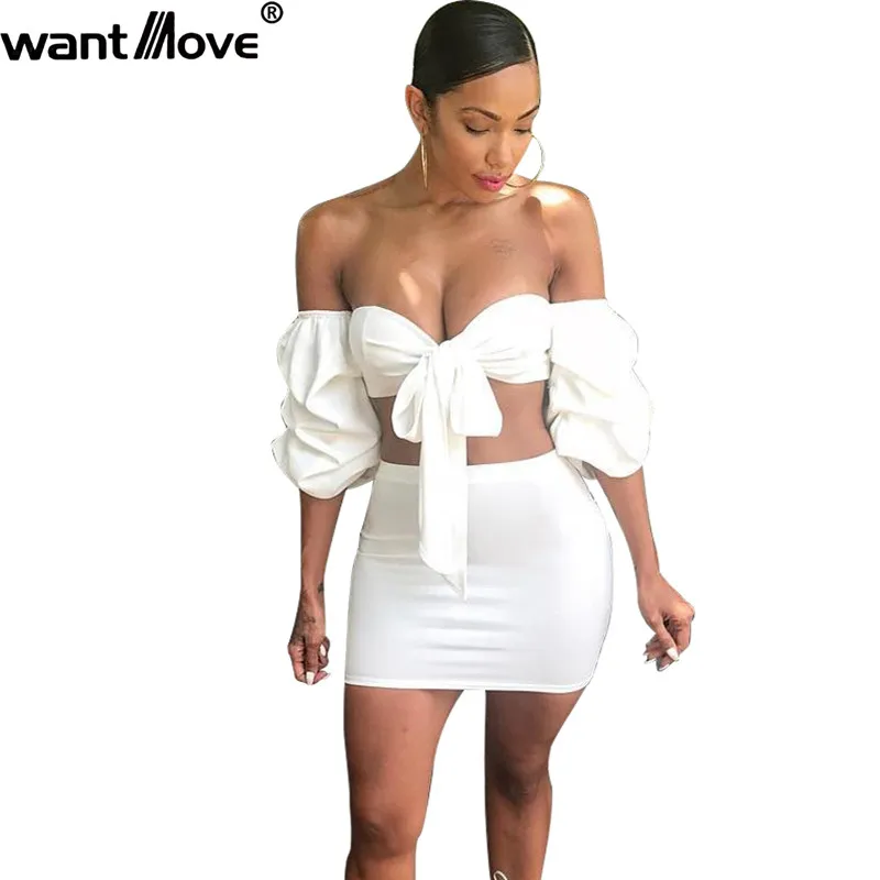 

Wantmove 2018 summer new fashion women 2 piece suit sexy off the shoulder Puff sleeve strap top mini dress Two-piece suit JZ038