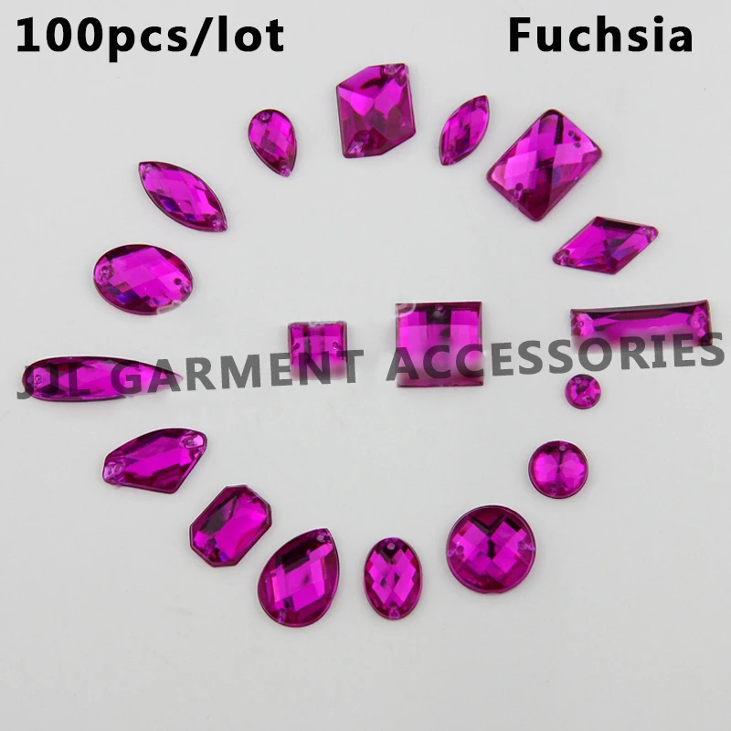 

Mix size 100pcs/bag Fuchsia Rhinestone Sew On Acrylic Flatback mix shape Gems Strass Stones For Clothes Dress Crafts