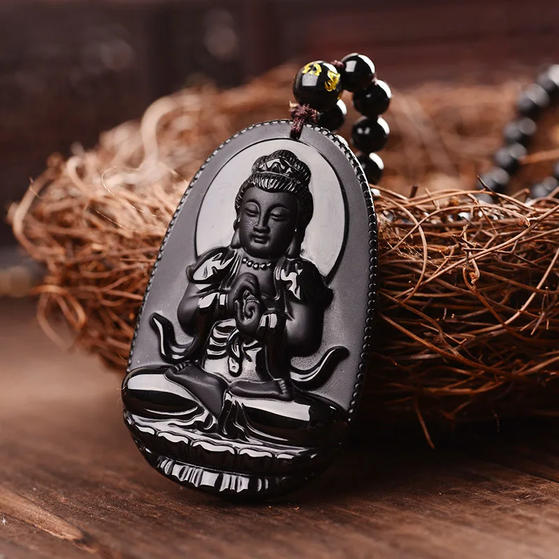 Прямая, черный обсидиан, резной Будда, счастливый амулет, кулон, ожерелье для женщин и мужчин, подвески, ювелирное изделие, патрон, святое ожерелье