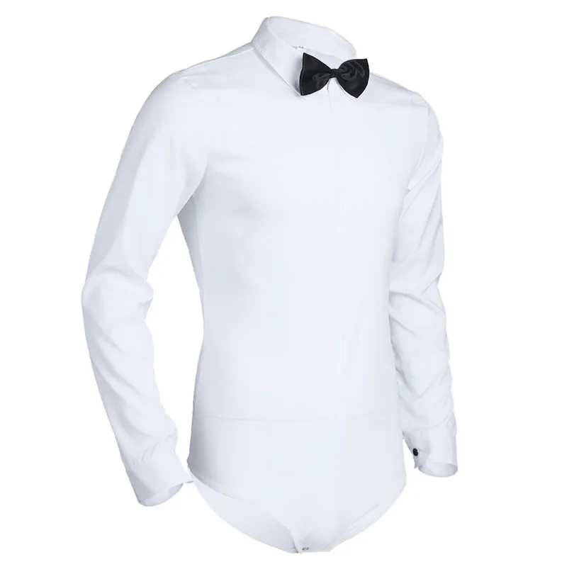 iEFiEL Mens Long Sleeve Zipper Solid Color Latin Modern Dance Shirt with Bowtie One-piece Romper Shirt Male White Tuxedo dress shirts