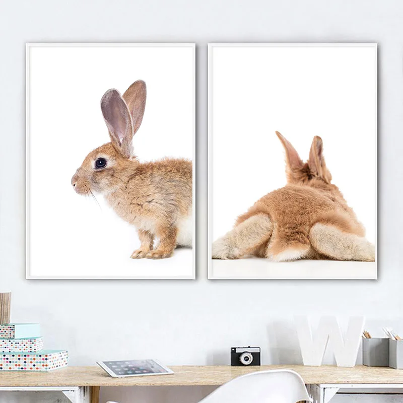 Woodland Animal Bunny Tail Picture Cute Brown Rabbit Poster Nursery Print Wall Art Canvas Painting Nordic Kid Bedroom Decoration